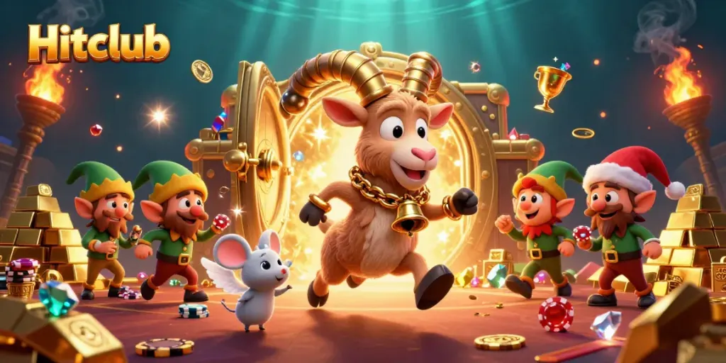 Hitclub casino scene featuring Krampus and elf gremlins amidst treasures and vibrant game elements.
