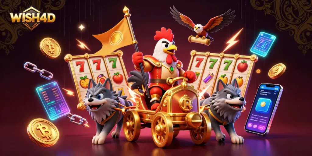 WISH4D's dynamic gaming experience illustrated with a rooster warlord leading a vibrant casino adventure.