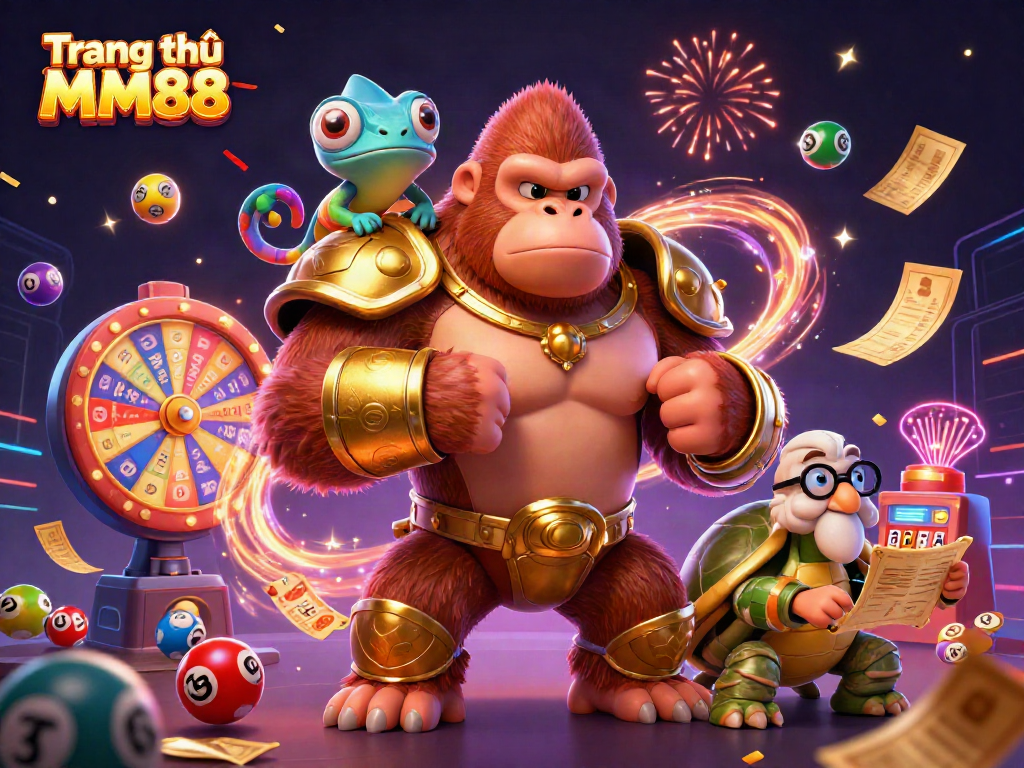 Engage in action with Trang chủ MM88, showcasing lively lottery elements and vibrant gamified characters.
