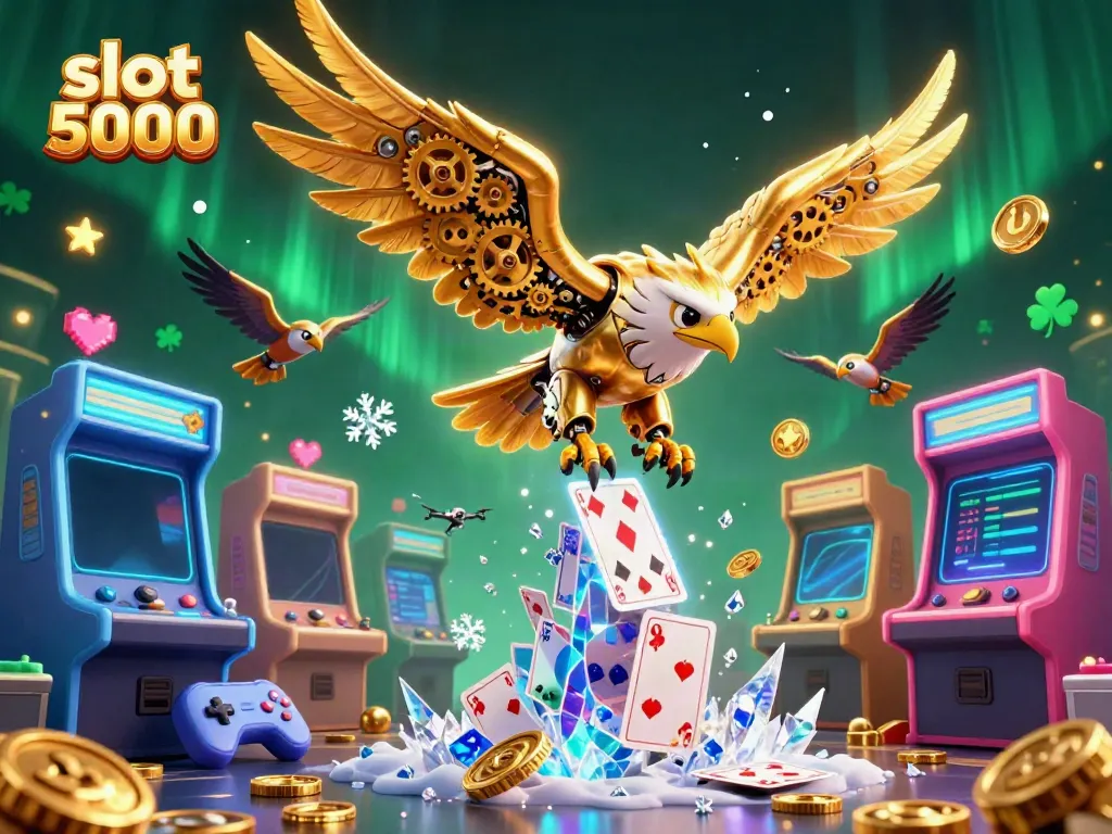 Experience the thrill of slot 5000 with a cybernetic eagle soaring above colorful casino elements.