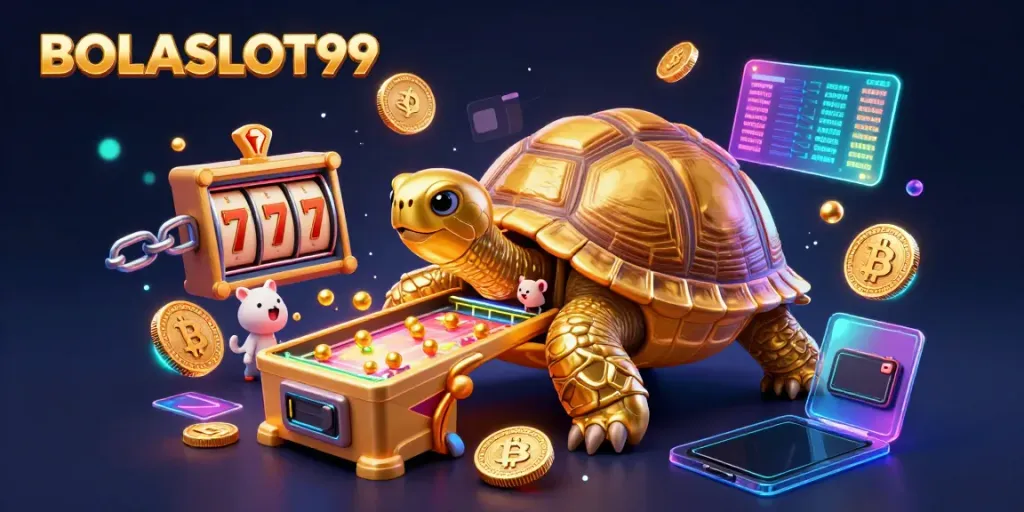Experience thrilling wins with BOLASLOT99's exciting slot games in a vibrant, colorful casino scene.
