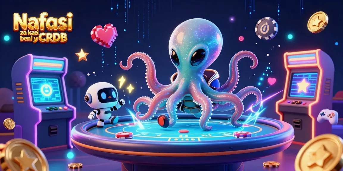 Nafasi za kazi beni ya CRDB reveals a vibrant scene featuring an alien octopus and robot at a holographic poker table amidst a colorful gambling theme.