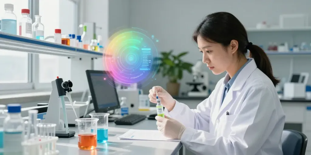 Researcher preparing glow 70mg peptide in modern lab setting with vibrant colors and clean tools.