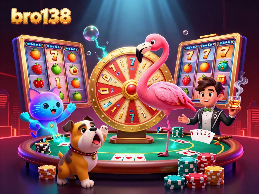 Experience thrilling gameplay and excitement with bro138's vibrant casino atmosphere featuring a flamingo host, excited bulldog, and prizes.