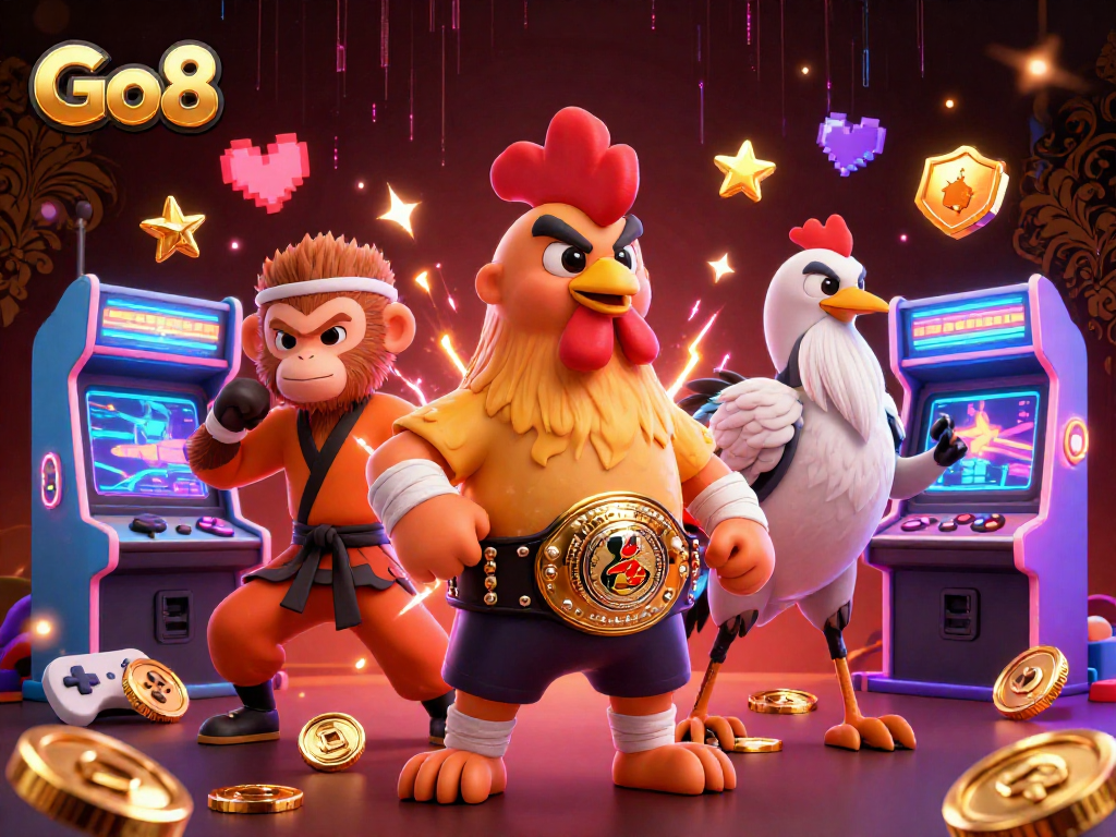 Engage with Go8's vibrant gaming world featuring Muay Thai rooster, Shaolin monkey, and crane master.
