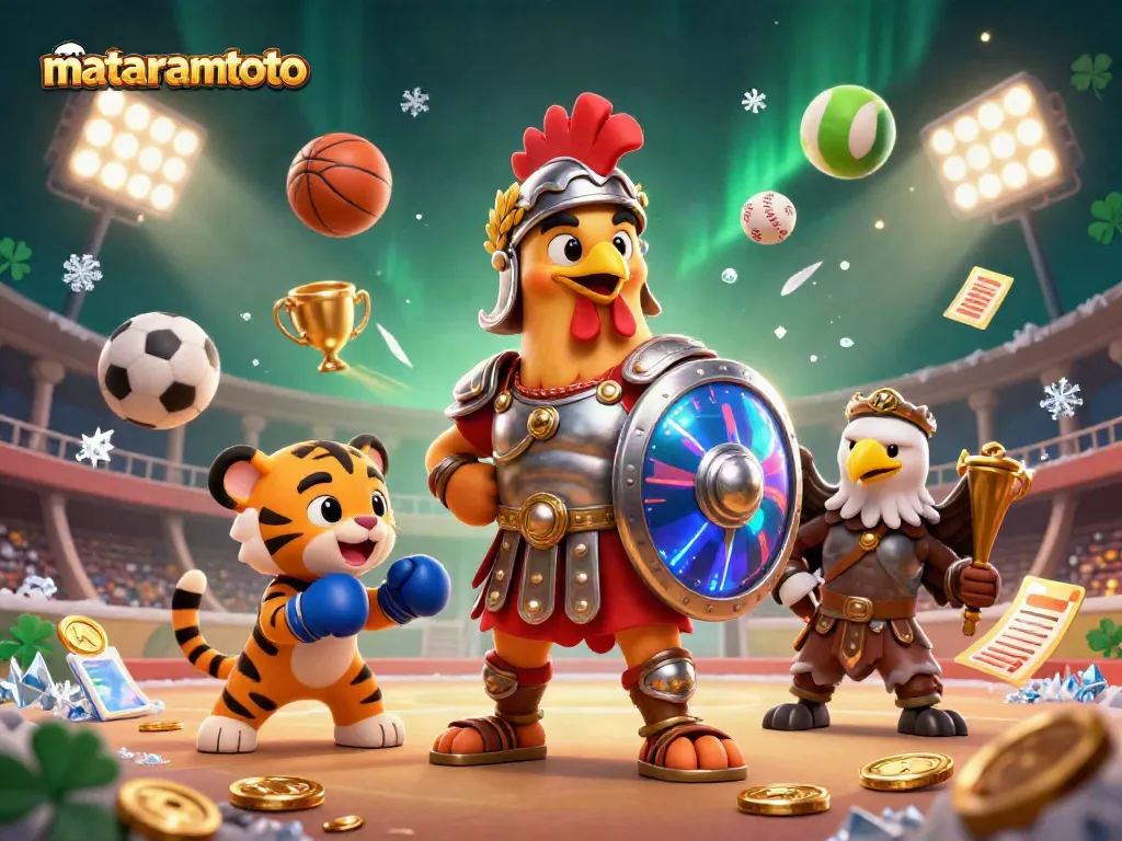 Experience exhilarating action at mataramtoto with a vibrant colosseum scene featuring a gladiator rooster and a boxing tiger cub.