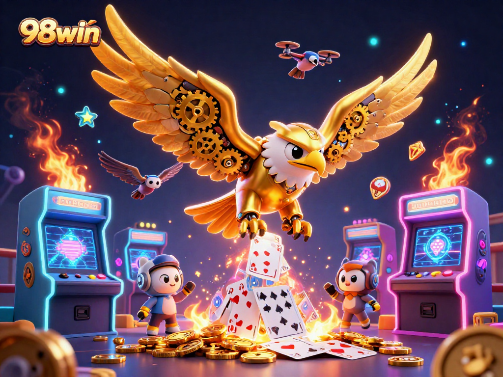 Experience thrilling gameplay with 98win in a dynamic casino-themed 3D scene.