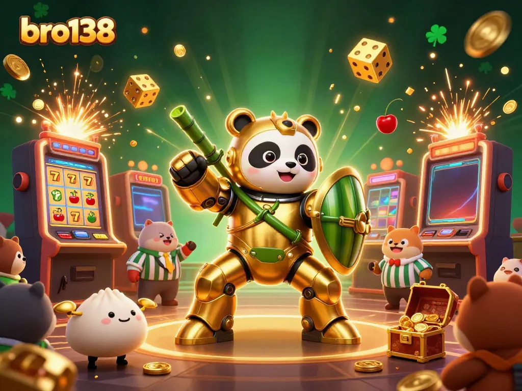 Experience gaming excitement with bro138's dynamic 3D illustration of a golden panda robot amid casino elements.
