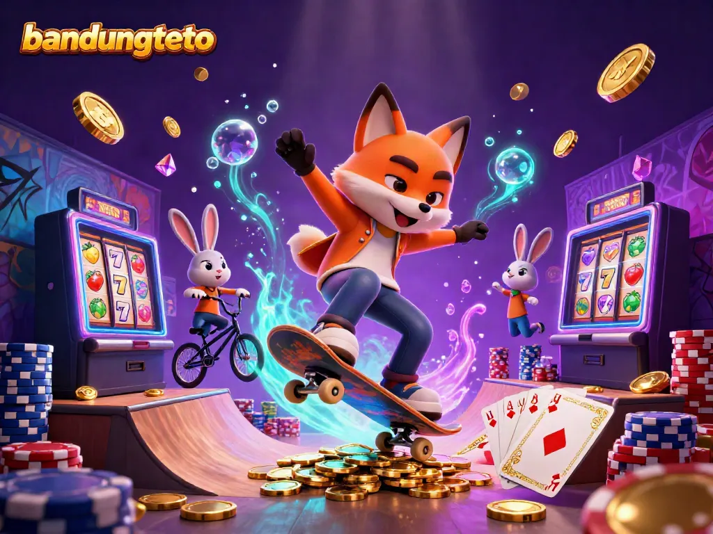 Experience excitement at bandungtoto with a skateboarder fox and BMX rabbit amid dynamic casino elements.