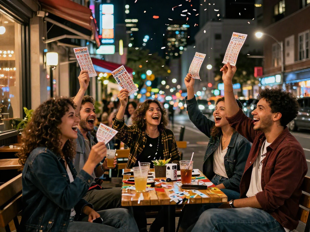 Toto 4D winners celebrating with friends in a vibrant urban nightlife scene.