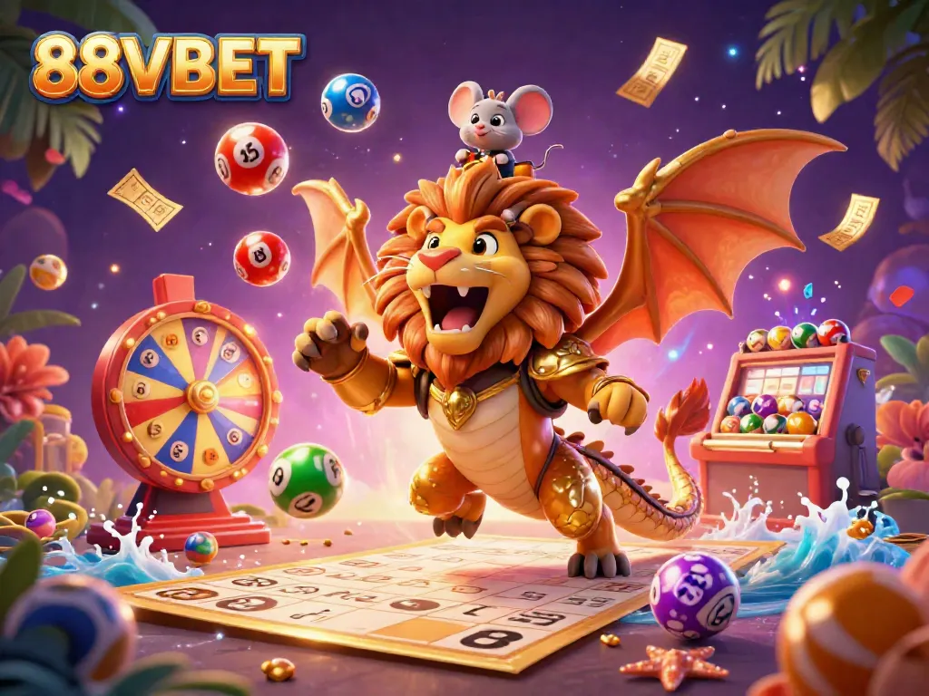 Experience the excitement of 88VBET with a victorious chimera character and vibrant lottery elements in a stunning gaming scene.