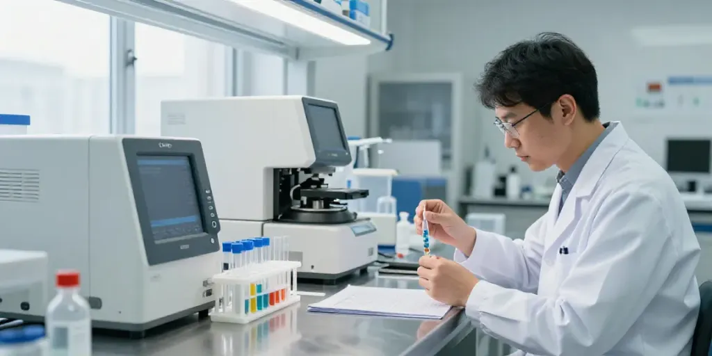 Swiss Chem researcher analyzing peptide compounds in a modern lab environment.