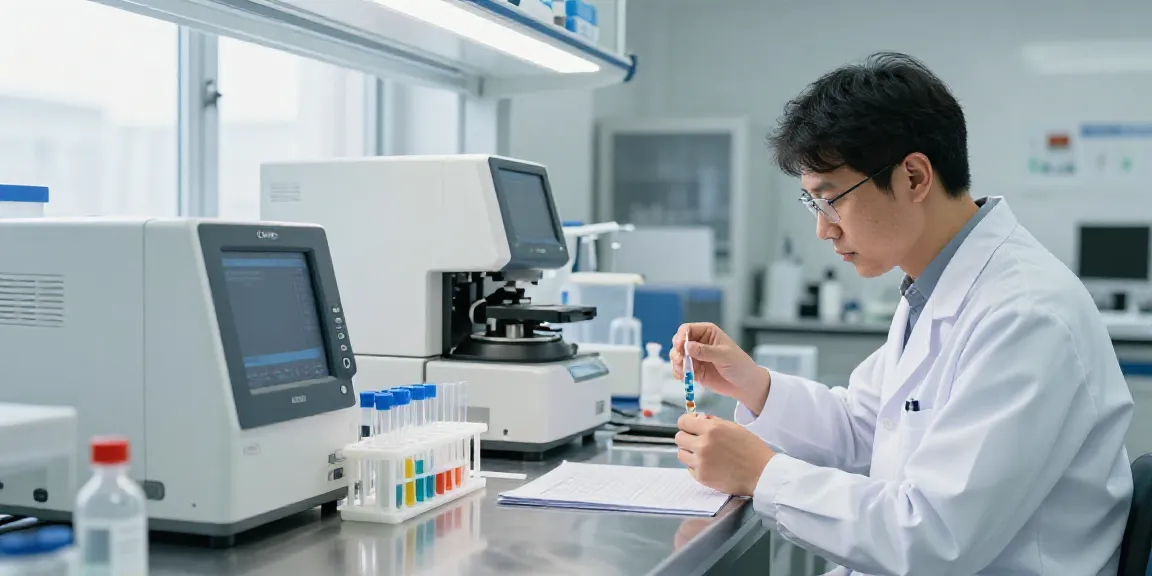 Swiss Chem researcher analyzing peptide compounds in a modern lab environment.