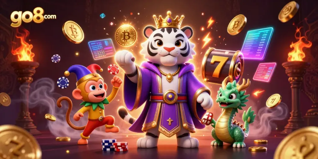 Experience thrilling gameplay at go8 com with a 3D cartoon scene showcasing a regal white tiger and vibrant slot elements.