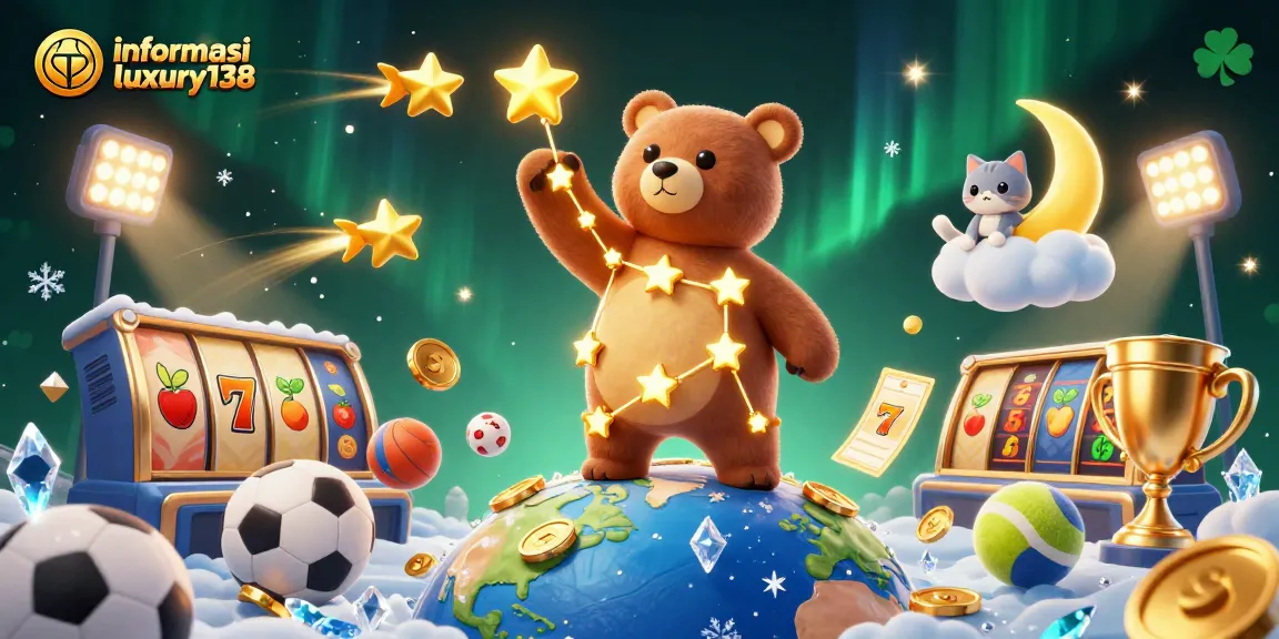 Ilustrasi 3D yang menunjukkan informasi RTP Luxury138 dengan bintang emas dan simbol slot.