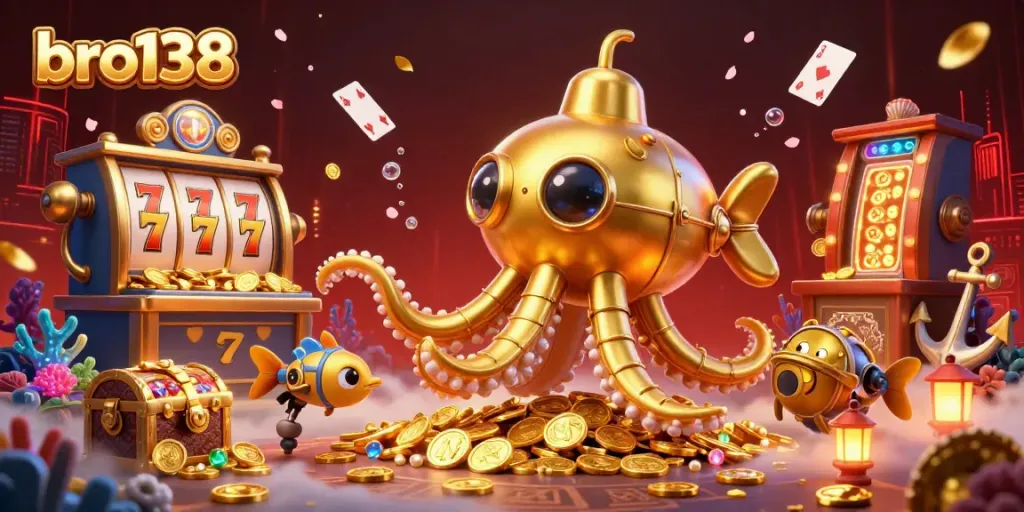 Spin and win with bro138's vibrant 3D casino adventure, featuring a kraken submarine amidst golden coins.