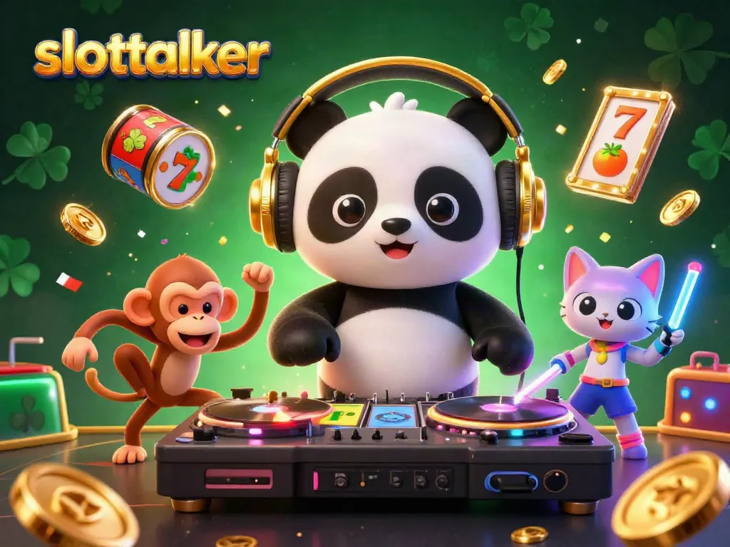 Spin and win with slottalker in a vibrant 3D casino scene featuring a DJ panda, dancing monkey, and glowing kitten.