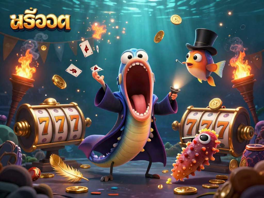 Experience the excitement of สล็อต with a bioluminescent eel performing dazzling card tricks in this vibrant casino illustration.