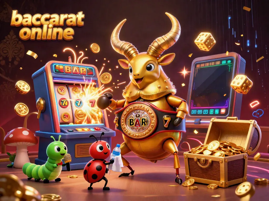 Play baccarat online in a vibrant 3D casino scene featuring a golden stag beetle against a dynamic backdrop of winning elements.
