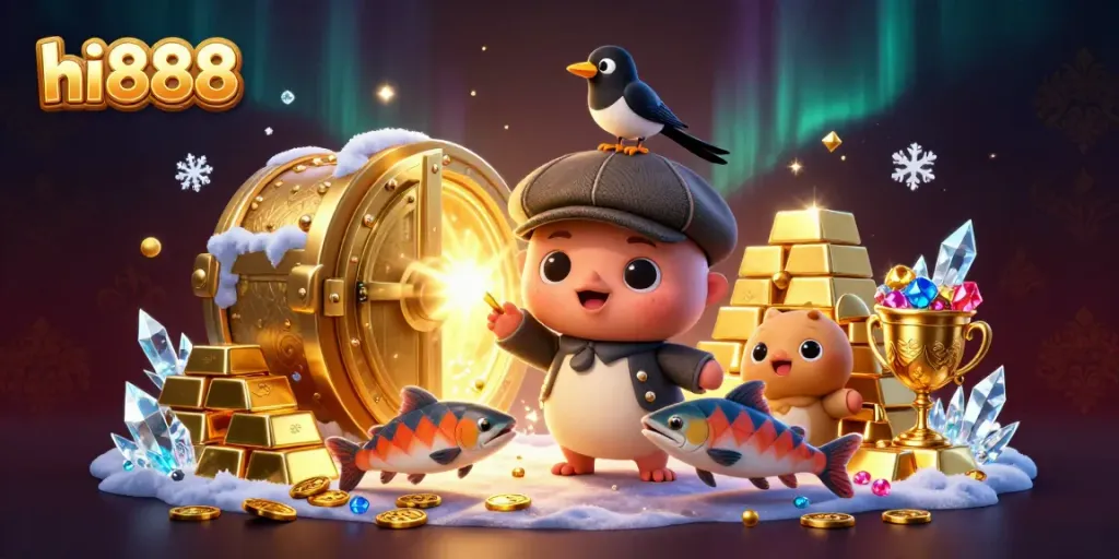 Experience hi888's magical gaming world with dynamic golden treasures and playful characters.
