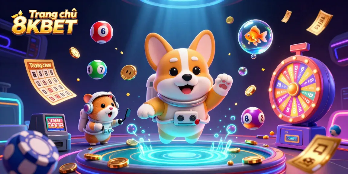 Join the fun at Trang chủ 8KBET with a vibrant space casino scene featuring an astronaut corgi and exciting lottery elements!
