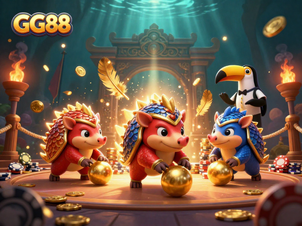 Engage with GG88's thrilling gaming world featuring a competitive pangolin duo in an exciting casino setting.