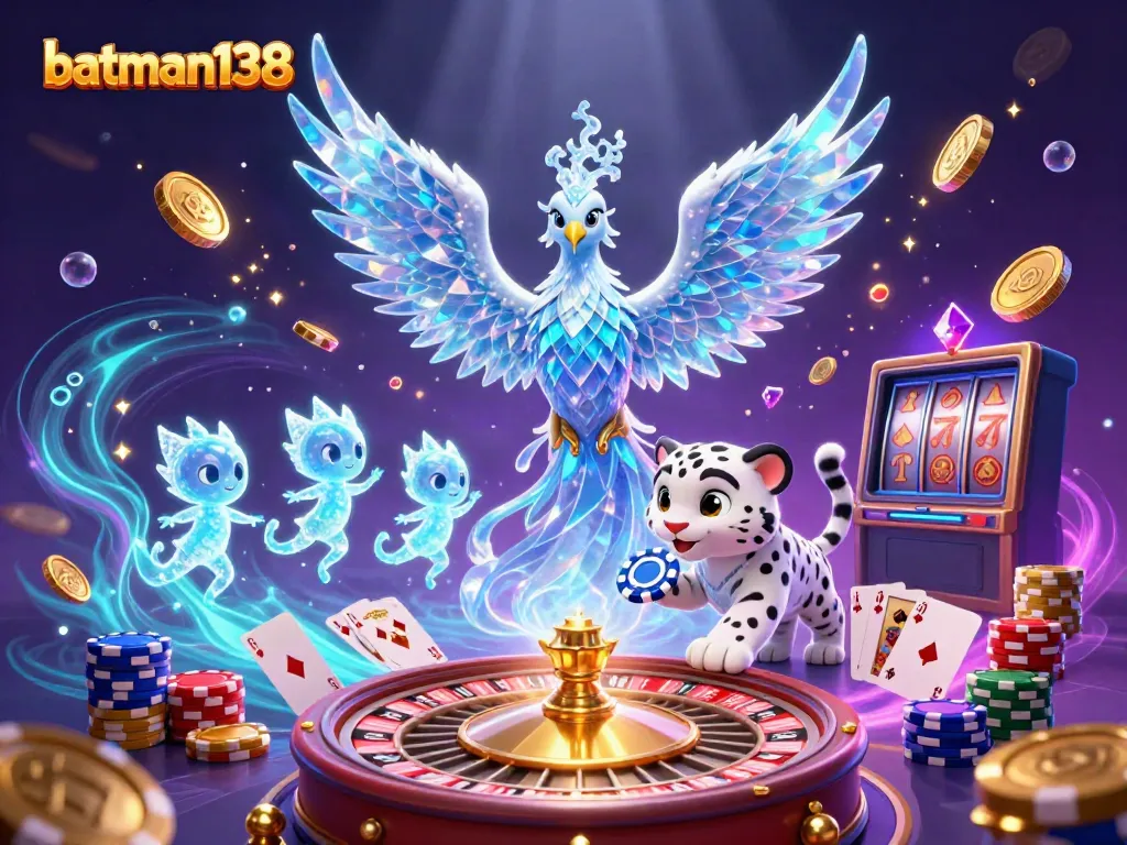 Bets made at batman138 come alive with an illustration of an ice phoenix and playful snow leopard in a vibrant casino scene.