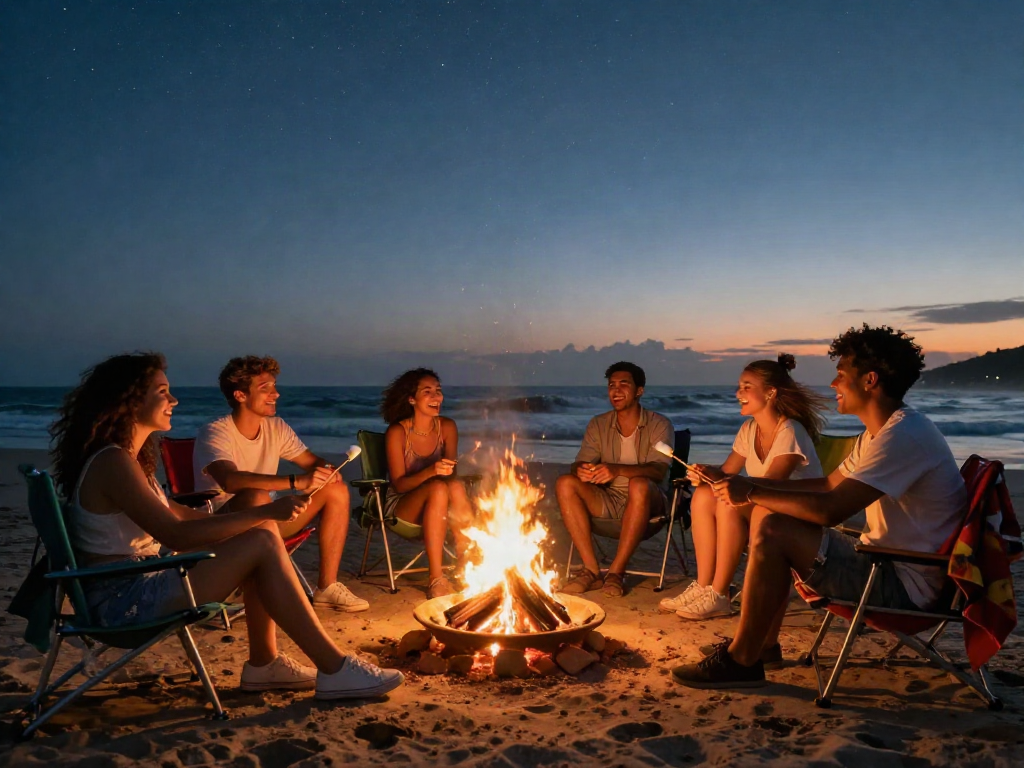Friends enjoying a beach bonfire under a starry sky, capturing joyful moments.
