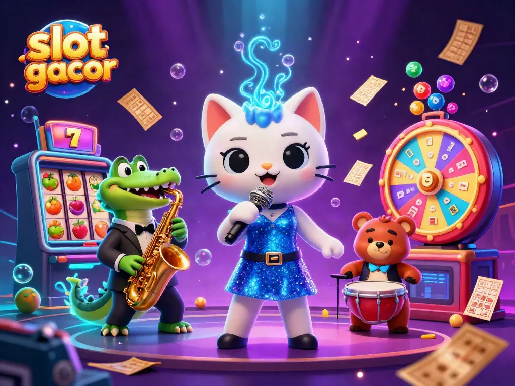 Menggambarkan suasana kasino dengan slot gacor, kucing penyanyi jazzy, buaya musik, dan beruang bermain drum dalam ilustrasi ceria.