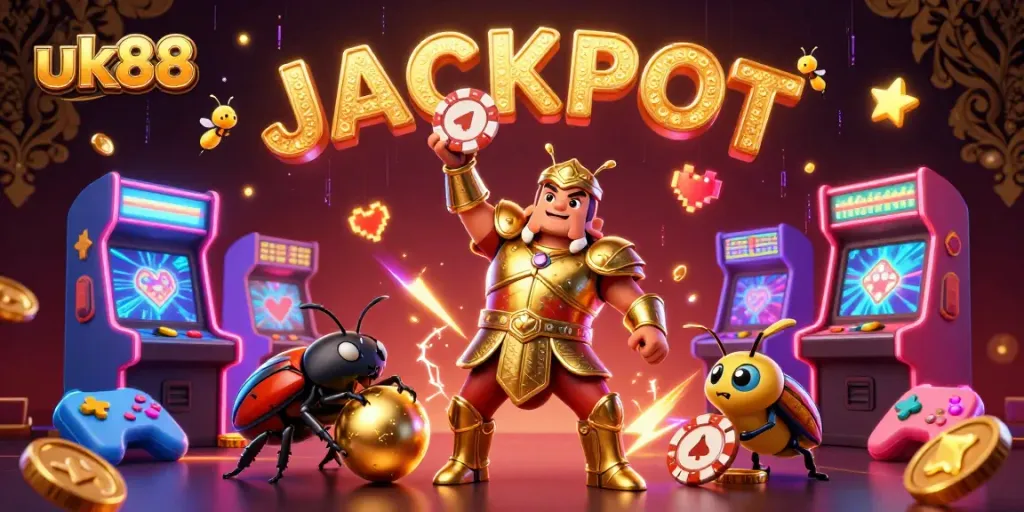 Uk88 attracts players with a vibrant 3D illustration celebrating a jackpot win in an online casino.