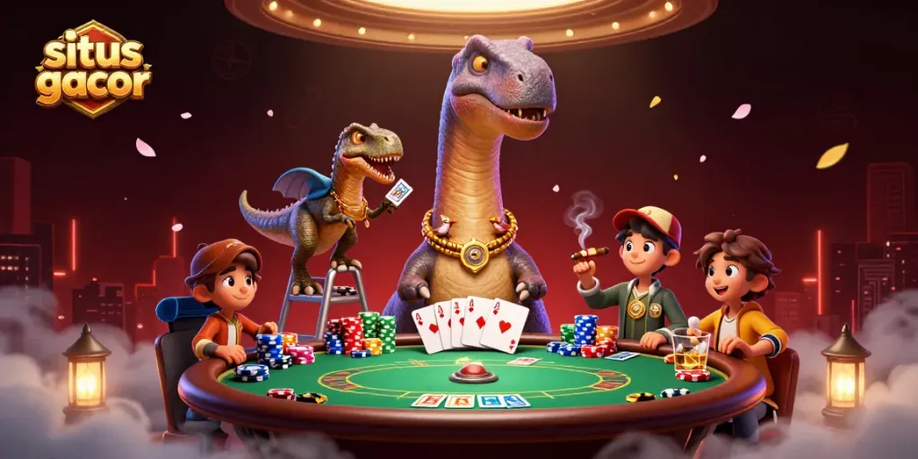 Experience situs gacor excitement with a playful casino scene featuring a brontosaurus and raptor.