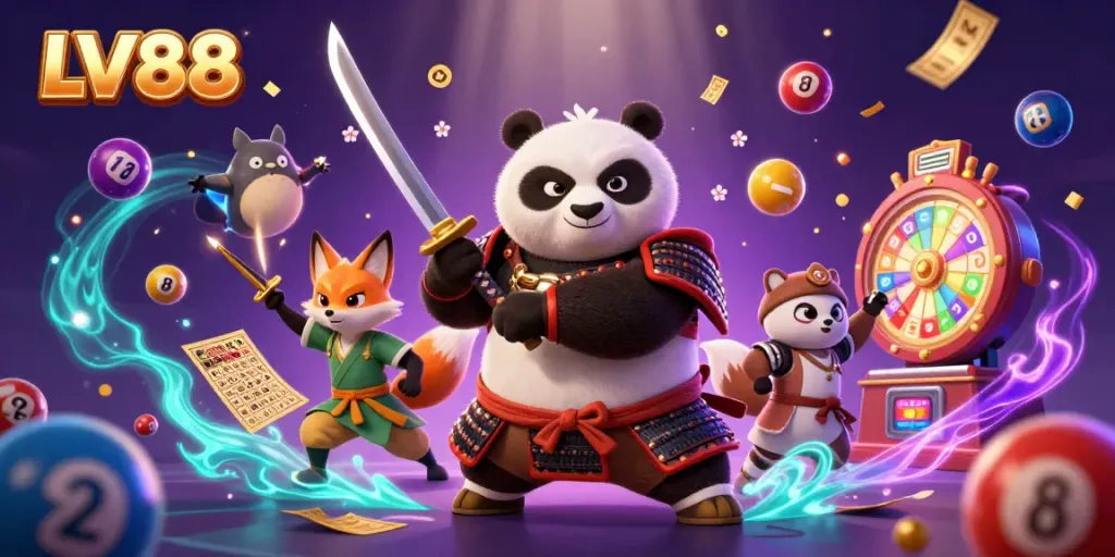 Join the action at LV88 with fierce samurai panda, ninja fox, and spirit tanuki celebrating dynamic gaming.