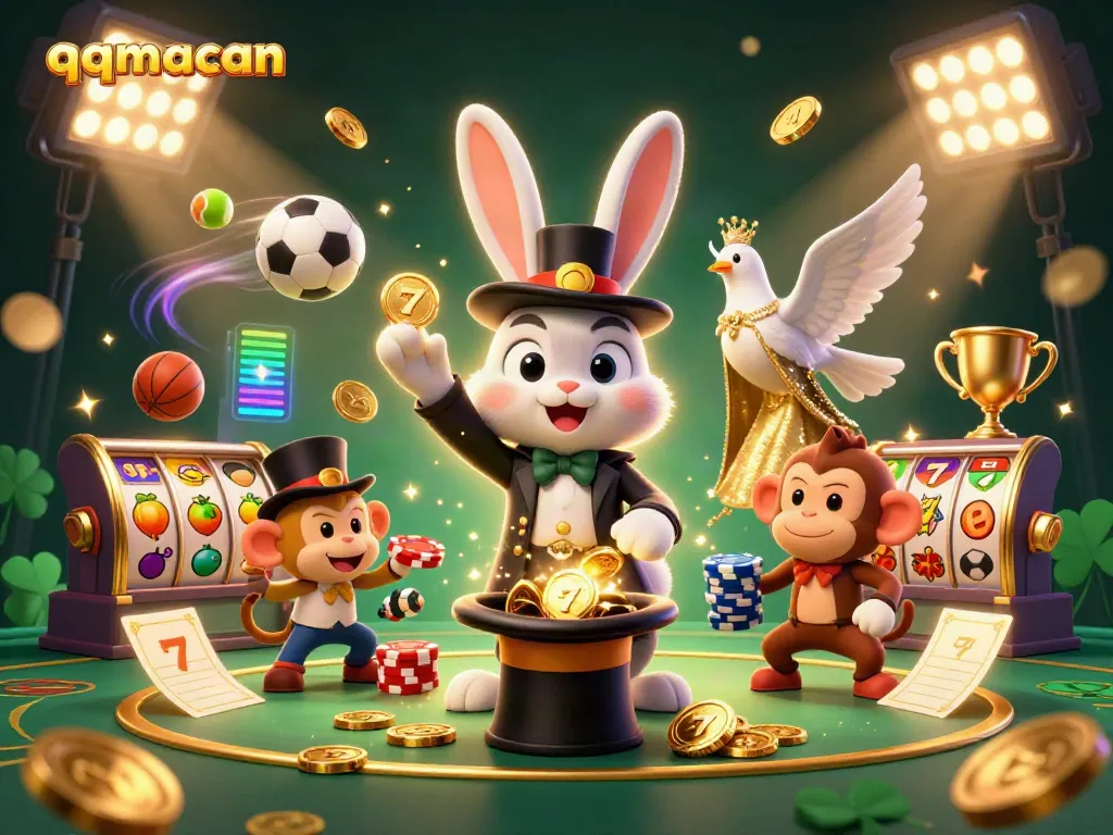 Experience the magic of qqmacan with a 3D illustration of a rabbit, dove, and monkey in a lively gambling scene.