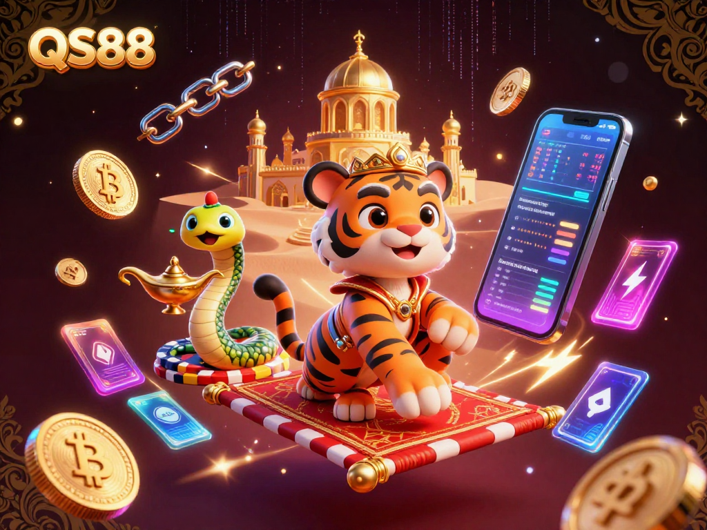 Enjoy thrilling QS88 gameplay with a vibrant illustration of a tiger sultan on a magic carpet.
