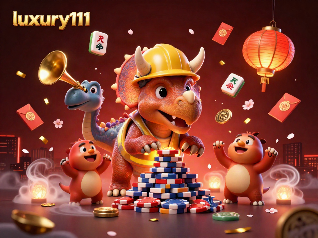 Celebrate winnings with luxury111 as cartoon dinosaurs build poker chip pyramids in this vibrant scene.