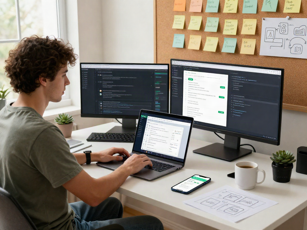 Developer coding gb whatsapp app features with multiple screens in a modern workspace.