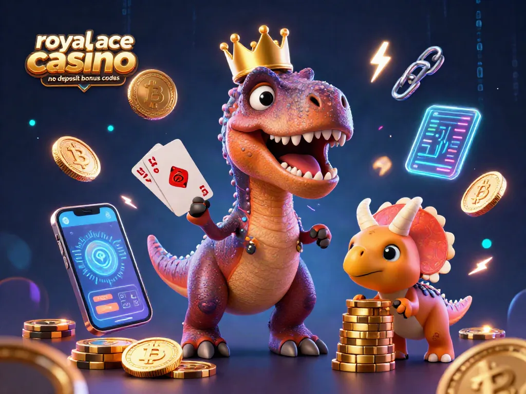 Explore royal ace casino no deposit bonus codes with a playful T-Rex shuffling cards and pterodactyl assistance.