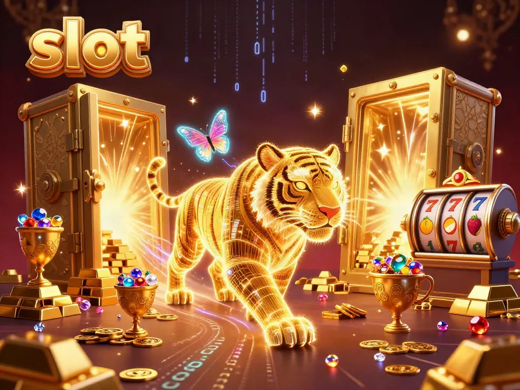 Engage in thrilling slot gaming with a vibrant golden tiger in a digital casino landscape.