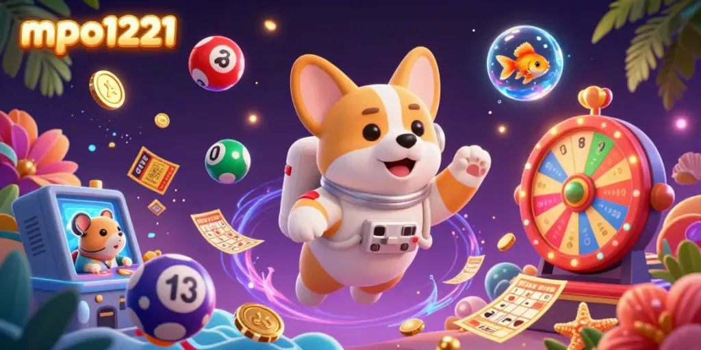 Play and win at mpo1221 casino-themed space with a corgi astronaut, hamster, and goldfish.