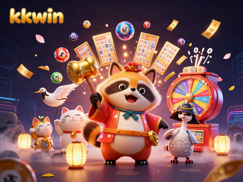 Win big with kkwin's colorful gambling illustration featuring lucky symbols and festive elements.
