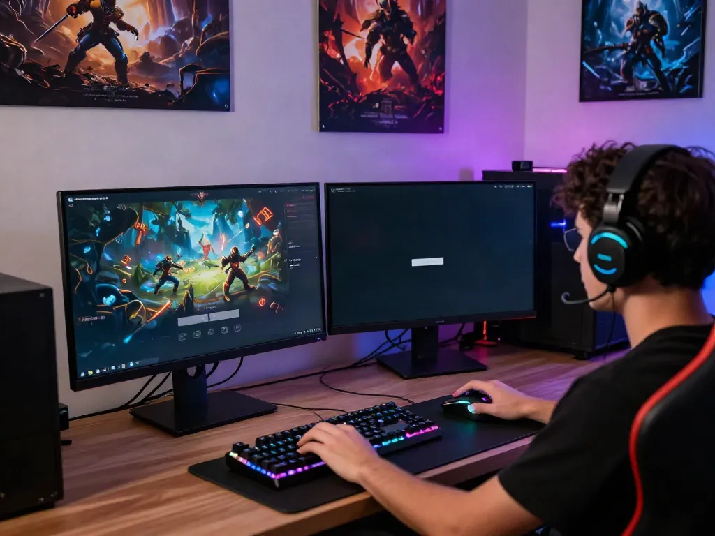 User engaging in Hargatoto login on a gaming computer setup with vibrant lighting and accessories.