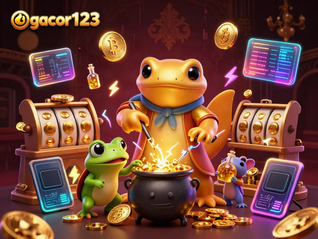 Engage with gacor123 through a vibrant casino-themed illustration featuring a golden salamander alchemist.
