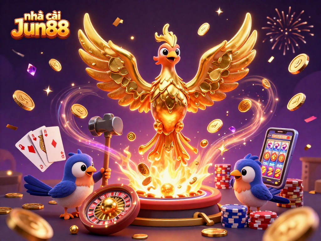 Experience thrilling gaming at nhà cái Jun88 with vibrant coins, cards, and casino elements.