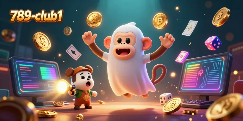 Engaging 3D scene of 789-club1 featuring a mischievous monkey and ghost-hunter puppy in a casino setting.