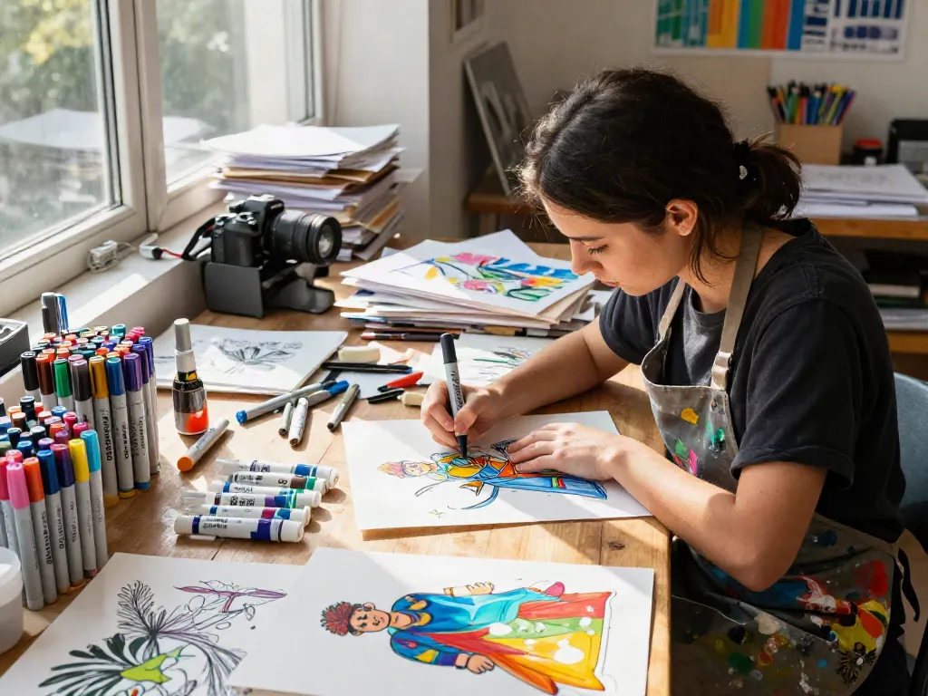 Marker pen supplier showcasing vibrant markers on artist's workspace filled with sketches and paint.
