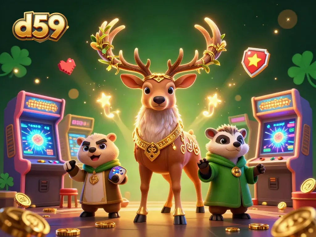 Experience the excitement at d59 with a lively casino gaming scene featuring a druid and a badger surrounded by vibrant arcade machines.