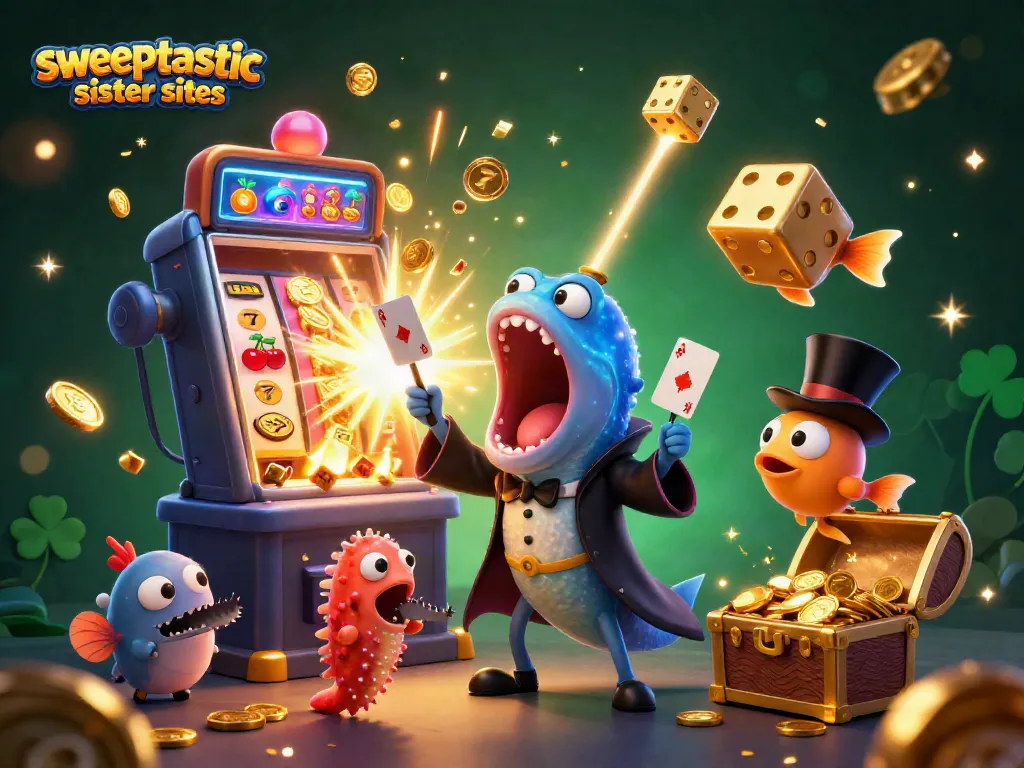 Discover exciting wins with sweeptastic sister sites in vibrant 3D casino illustration packed with action.