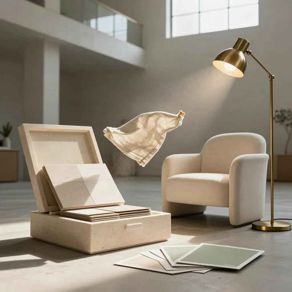 Loft refresh kit, linen swatch, chair, brass lamp, and sample chips on a limestone floor.