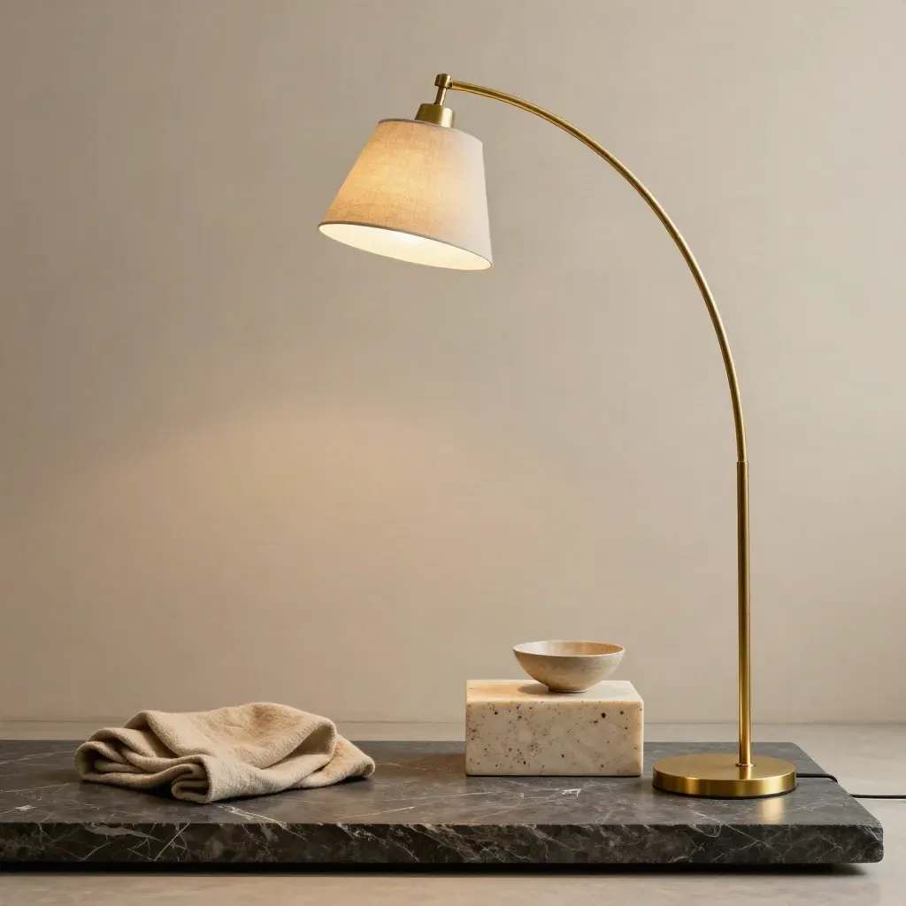 Low-angle brass arc floor lamp with stone, linen, travertine, wool throw and ceramic bowl.