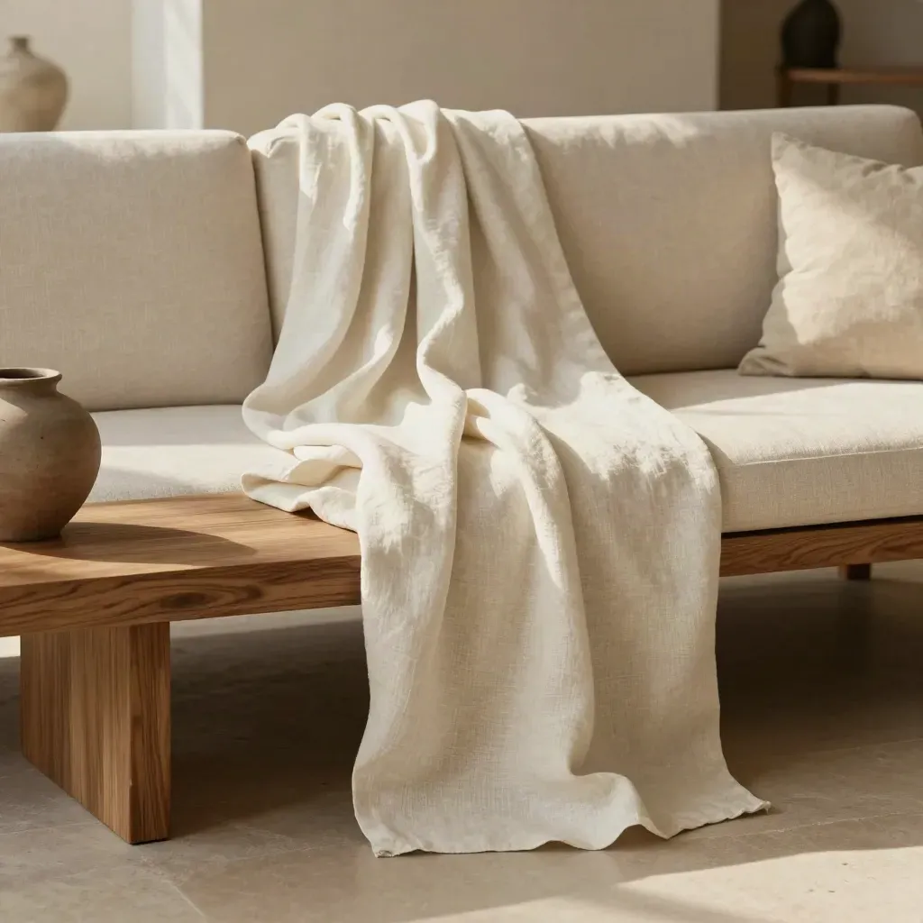 Sage linen throw draped over a boucle sofa and oak bench with a clay vessel in soft daylight.